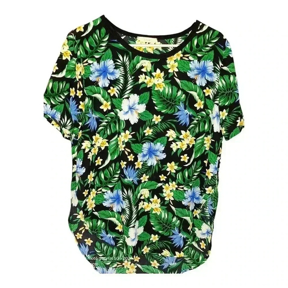 Lush Blouse High Low Top Women's Hawaiian Floral Short Sleeve Scoop Neck Size M - Picture 1 of 9
